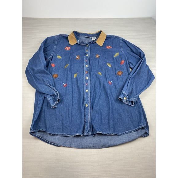 Bobbie Brooks Tops - VTG‎ 90s Bobbie Brooks Denim Shirt Womens 22/24W Embroidered Leaves Fall Autumn